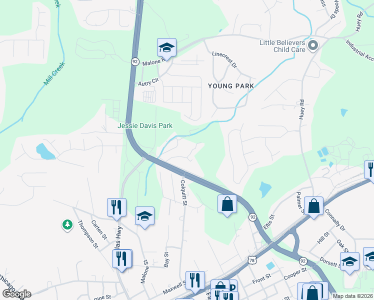 map of restaurants, bars, coffee shops, grocery stores, and more near 6549 Brown Street in Douglasville