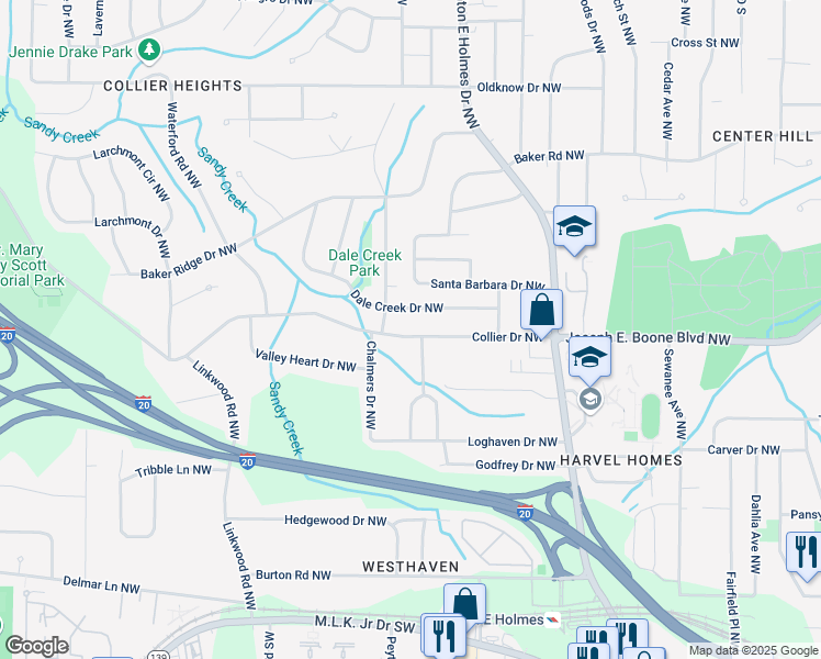 map of restaurants, bars, coffee shops, grocery stores, and more near 2684 Collier Drive Northwest in Atlanta