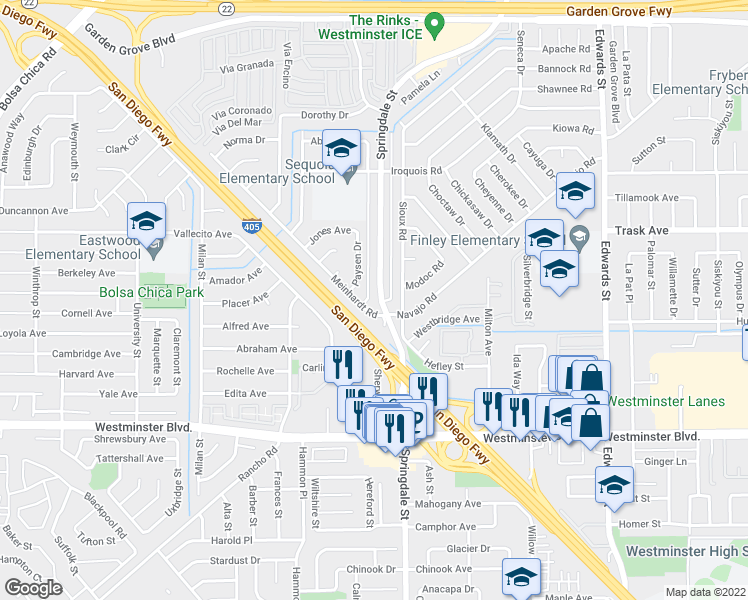 map of restaurants, bars, coffee shops, grocery stores, and more near 13671 Springdale Street in Westminster