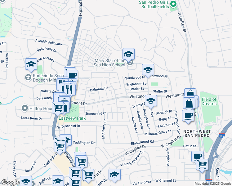 map of restaurants, bars, coffee shops, grocery stores, and more near 2024 Mount Shasta Drive in Los Angeles