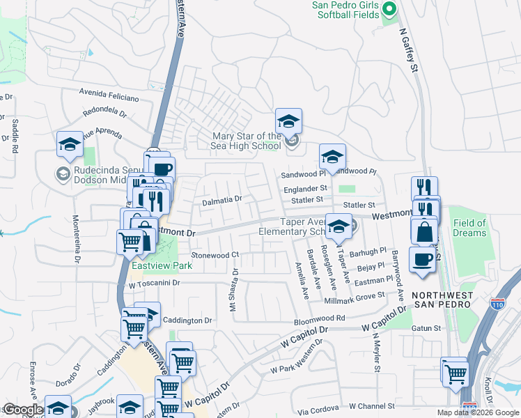 map of restaurants, bars, coffee shops, grocery stores, and more near 2024 Mount Shasta Drive in Los Angeles