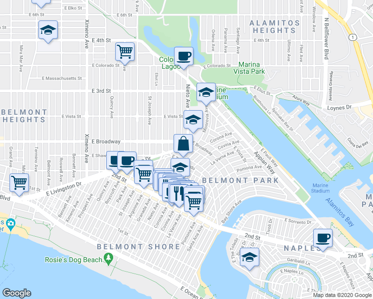 map of restaurants, bars, coffee shops, grocery stores, and more near 5120 East Livingston Drive in Long Beach