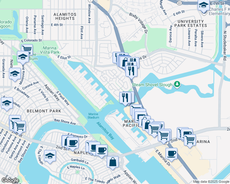 map of restaurants, bars, coffee shops, grocery stores, and more near 6225 Napoli Court in Long Beach