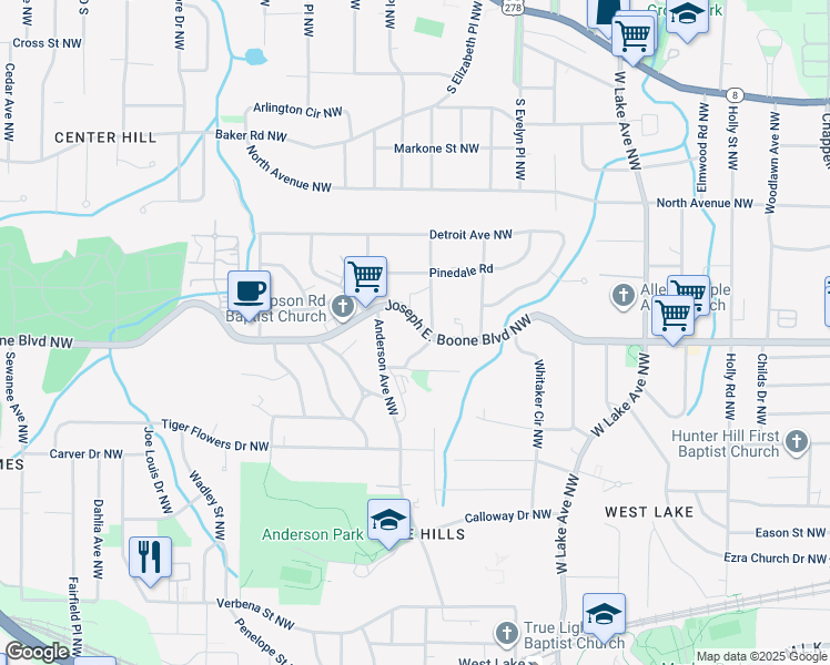 map of restaurants, bars, coffee shops, grocery stores, and more near 1916 Simpson Road Northwest in Atlanta