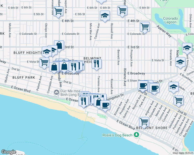 map of restaurants, bars, coffee shops, grocery stores, and more near 221 Termino Avenue in Long Beach