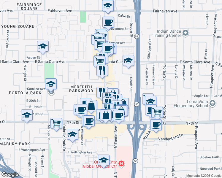 map of restaurants, bars, coffee shops, grocery stores, and more near 2005 North Tustin Avenue in Santa Ana