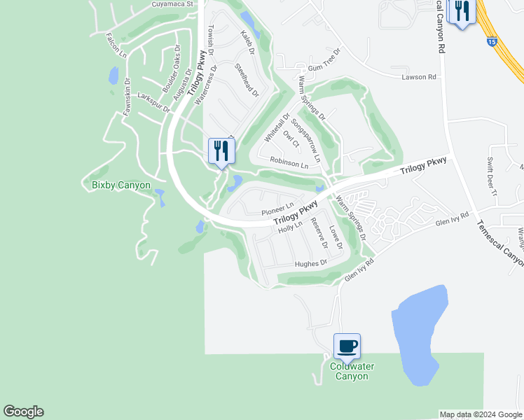 map of restaurants, bars, coffee shops, grocery stores, and more near 9216 Pioneer Lane in Corona