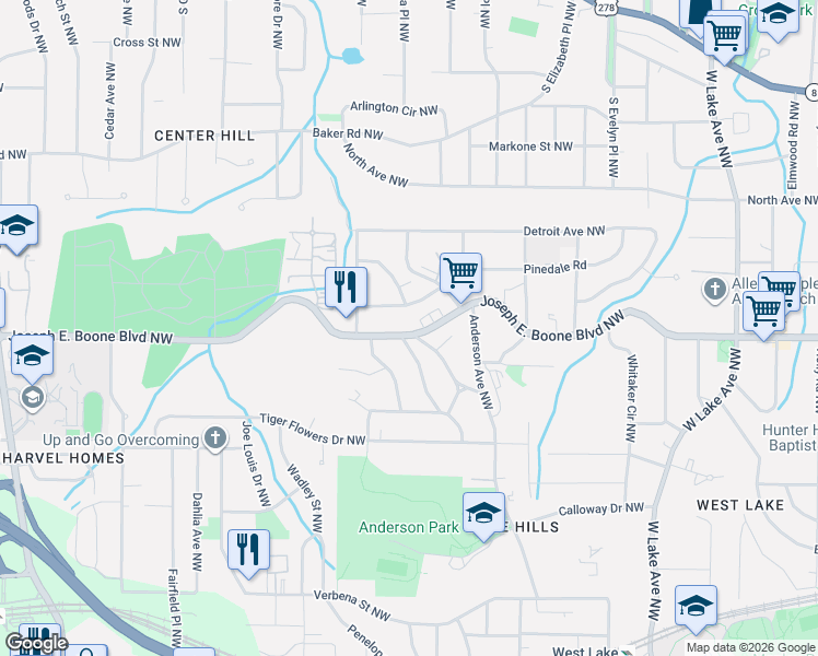 map of restaurants, bars, coffee shops, grocery stores, and more near 2037 Joseph E. Boone Boulevard Northwest in Atlanta