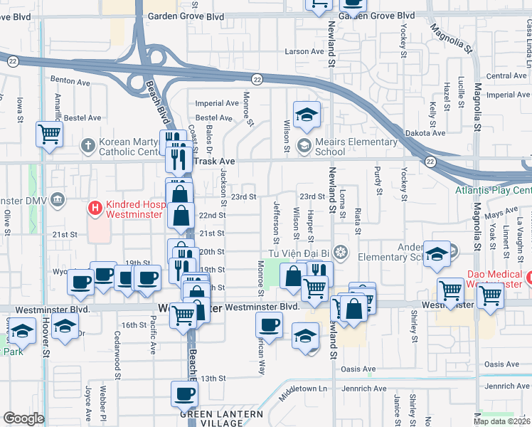 map of restaurants, bars, coffee shops, grocery stores, and more near 13672 Monroe Street in Westminster