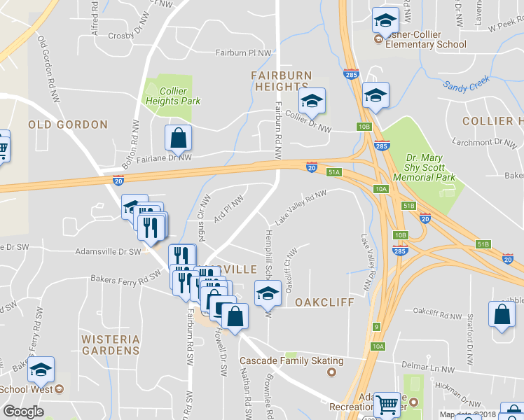 map of restaurants, bars, coffee shops, grocery stores, and more near 309 Hemphill School Road Northwest in Atlanta