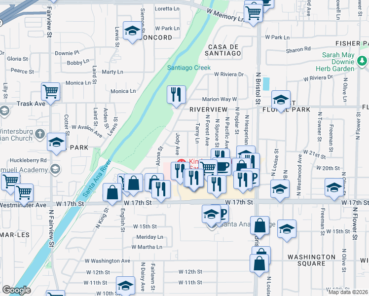 map of restaurants, bars, coffee shops, grocery stores, and more near 2101 Candis Avenue in Santa Ana