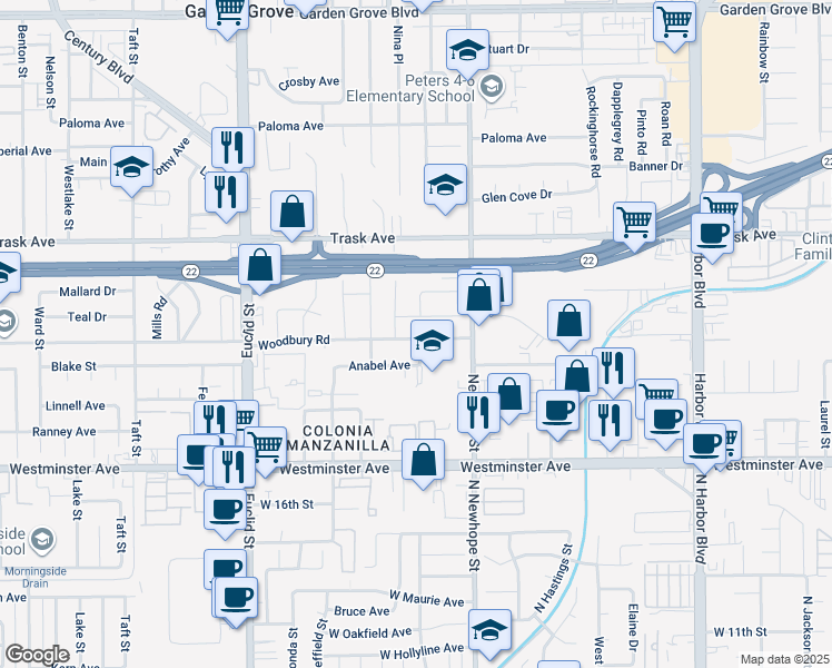 map of restaurants, bars, coffee shops, grocery stores, and more near 11332 Woodbury Road in Garden Grove