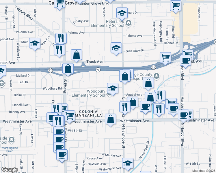 map of restaurants, bars, coffee shops, grocery stores, and more near 11332 Woodbury Road in Garden Grove