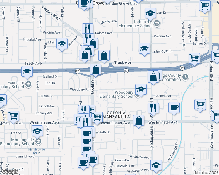 map of restaurants, bars, coffee shops, grocery stores, and more near 11172 Woodbury Road in Garden Grove