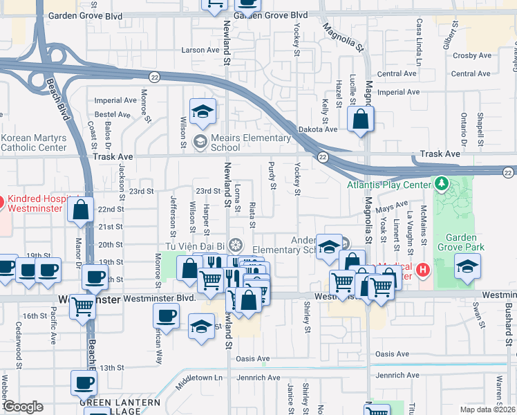 map of restaurants, bars, coffee shops, grocery stores, and more near 13702 Riata Street in Garden Grove