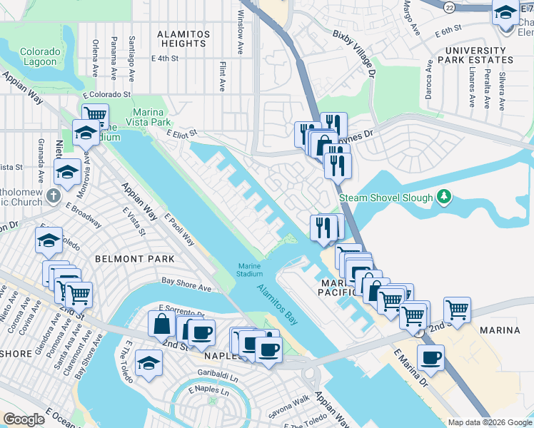 map of restaurants, bars, coffee shops, grocery stores, and more near 330 Whites Landing in Long Beach