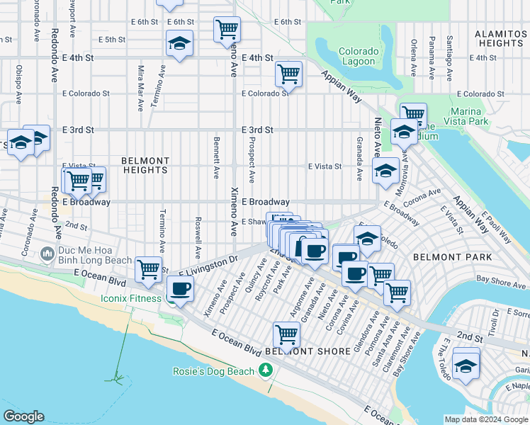 map of restaurants, bars, coffee shops, grocery stores, and more near 4525 East Shaw Street in Long Beach