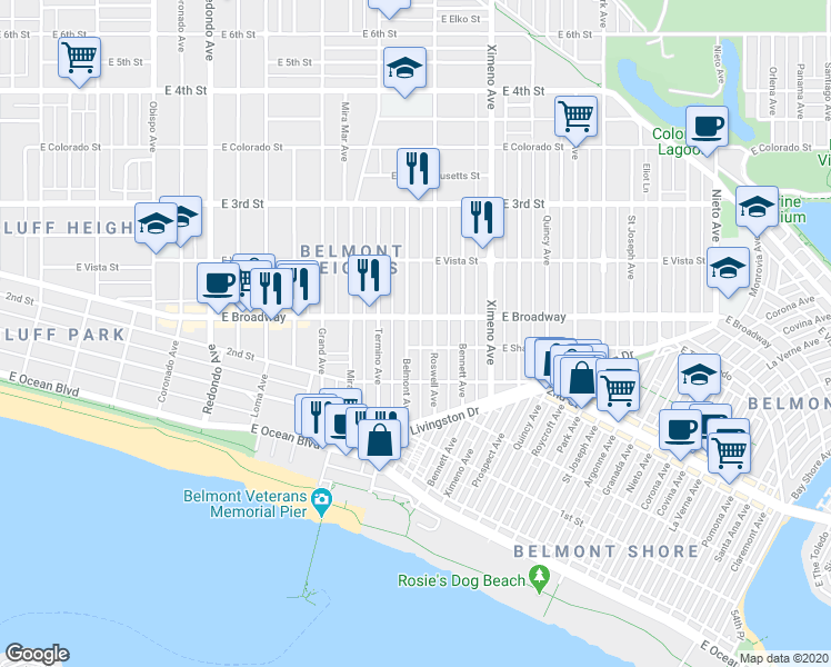 map of restaurants, bars, coffee shops, grocery stores, and more near 4107 East Shaw Street in Long Beach