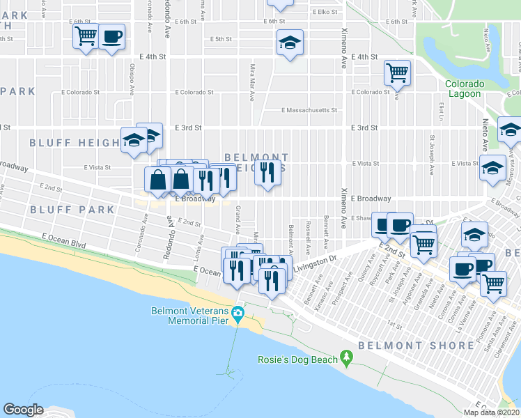 map of restaurants, bars, coffee shops, grocery stores, and more near 215 Termino Avenue in Long Beach