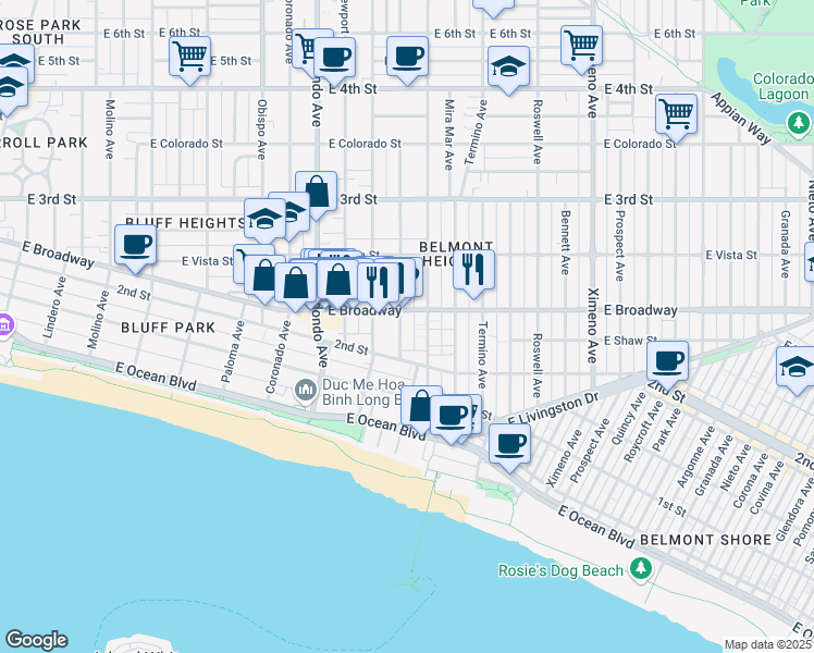 map of restaurants, bars, coffee shops, grocery stores, and more near 210 Euclid Avenue in Long Beach