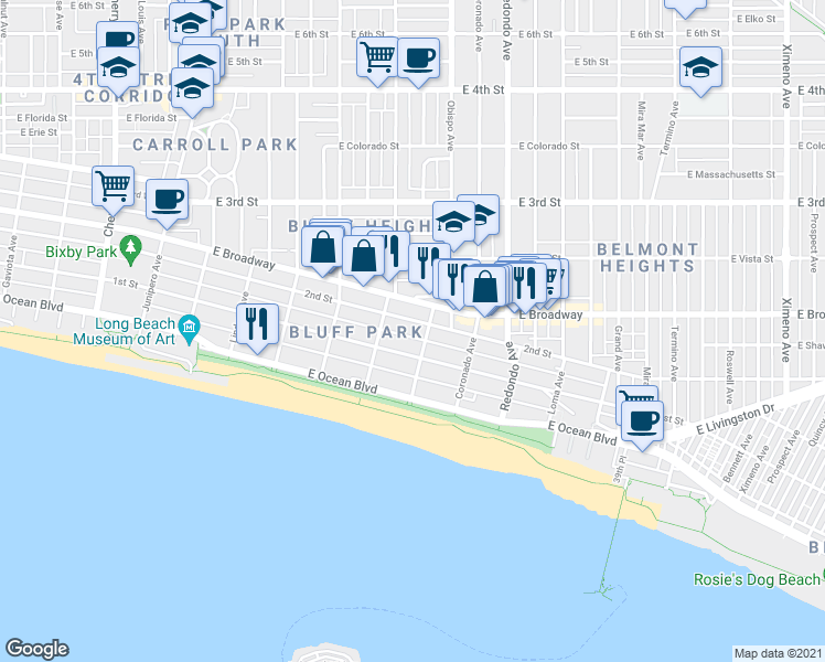 map of restaurants, bars, coffee shops, grocery stores, and more near 3045 East 1st Street in Long Beach