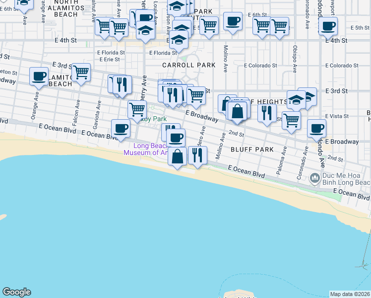 map of restaurants, bars, coffee shops, grocery stores, and more near 2407 East Ocean Boulevard in Long Beach