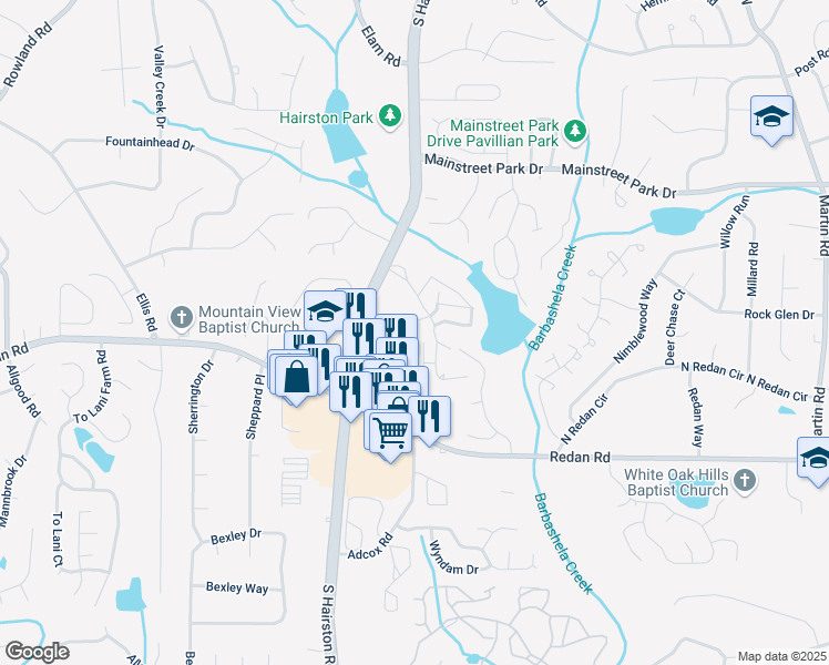 map of restaurants, bars, coffee shops, grocery stores, and more near 4892 Pinnacle Drive in Stone Mountain