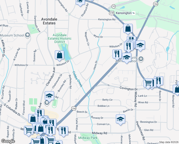 map of restaurants, bars, coffee shops, grocery stores, and more near 1077 Hess Drive in Avondale Estates