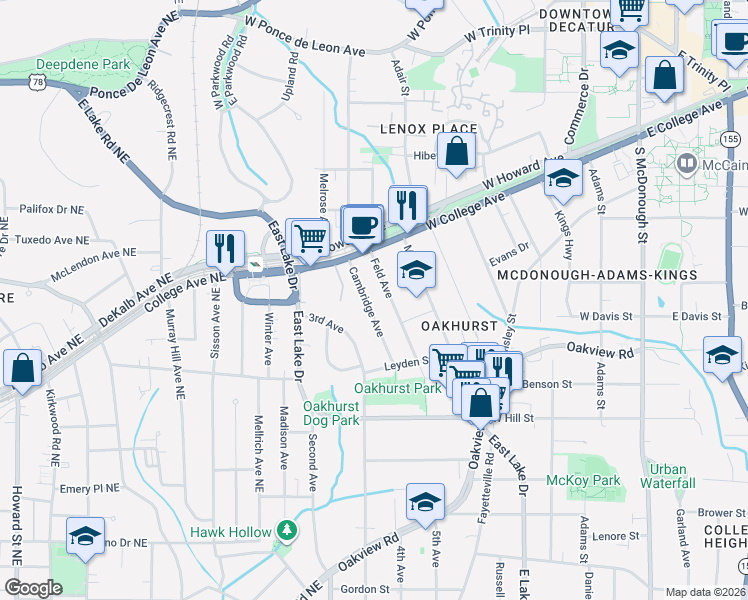 map of restaurants, bars, coffee shops, grocery stores, and more near 163 Feld Avenue in Decatur