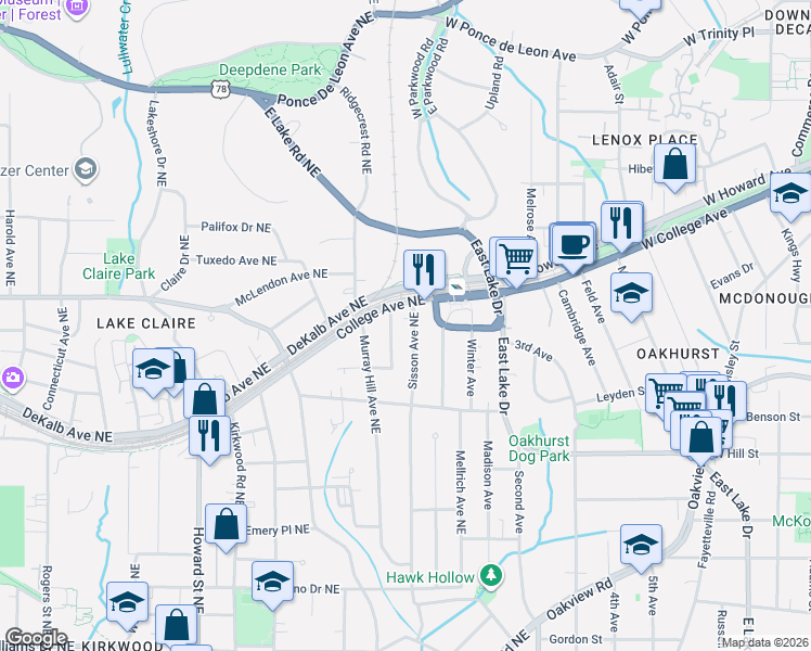 map of restaurants, bars, coffee shops, grocery stores, and more near 354 Sisson Avenue Northeast in Atlanta