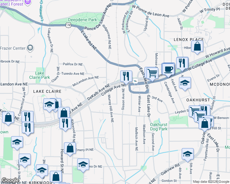 map of restaurants, bars, coffee shops, grocery stores, and more near 366 Clifford Avenue Northeast in Atlanta