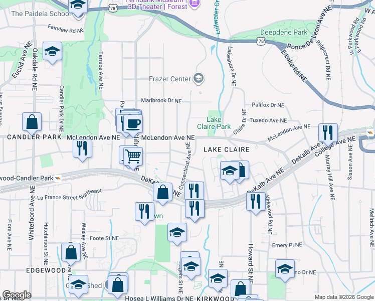 map of restaurants, bars, coffee shops, grocery stores, and more near 1800 Delaware Avenue Northeast in Atlanta
