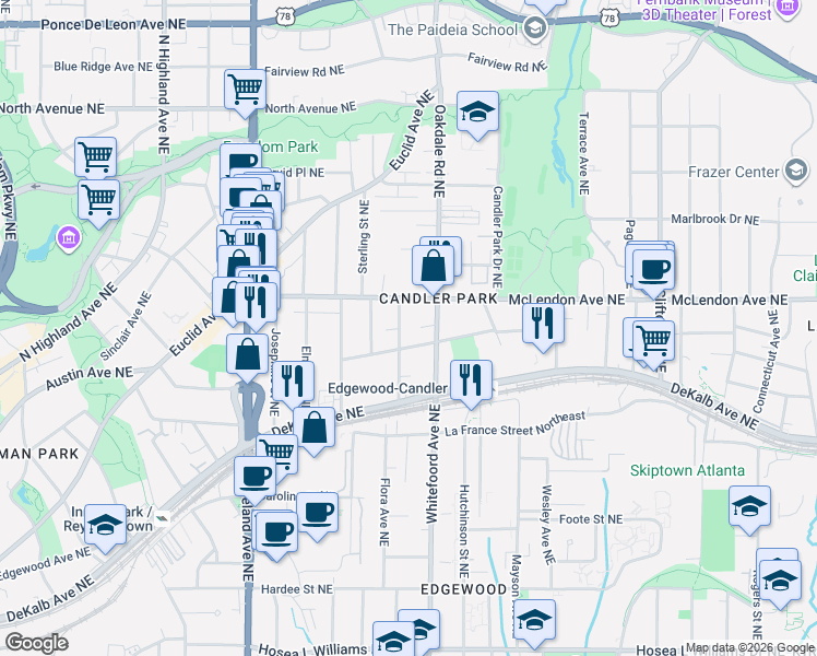 map of restaurants, bars, coffee shops, grocery stores, and more near 1342 Iverson Street Northeast in Atlanta