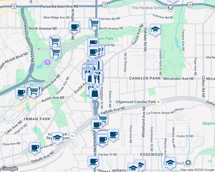 map of restaurants, bars, coffee shops, grocery stores, and more near 335 Josephine Street Northeast in Atlanta
