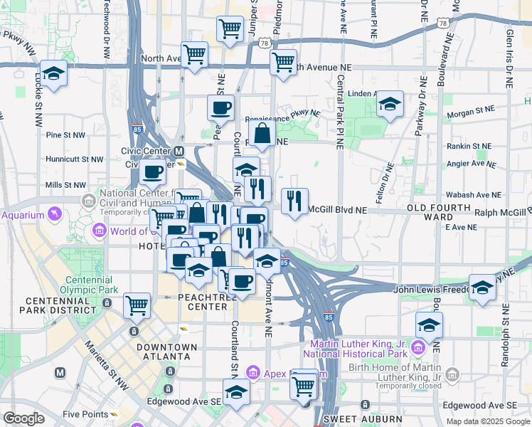 map of restaurants, bars, coffee shops, grocery stores, and more near 332 Piedmont Avenue Northeast in Atlanta