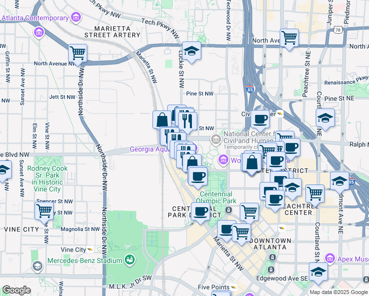 map of restaurants, bars, coffee shops, grocery stores, and more near in Atlanta