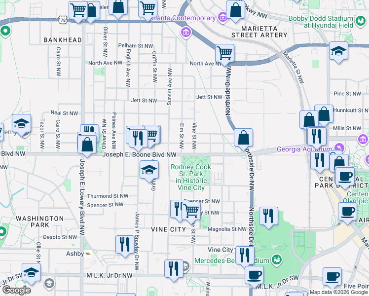 map of restaurants, bars, coffee shops, grocery stores, and more near 623 Joseph E. Boone Boulevard Northwest in Atlanta