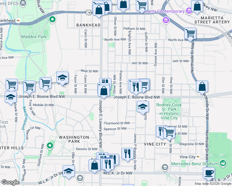 map of restaurants, bars, coffee shops, grocery stores, and more near 868 Sciple Terrace Northwest in Atlanta