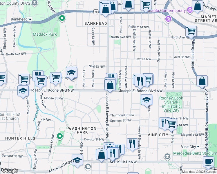 map of restaurants, bars, coffee shops, grocery stores, and more near 907 Joseph E. Boone Boulevard Northwest in Atlanta
