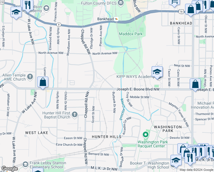 map of restaurants, bars, coffee shops, grocery stores, and more near 1315 Joseph E. Boone Boulevard Northwest in Atlanta