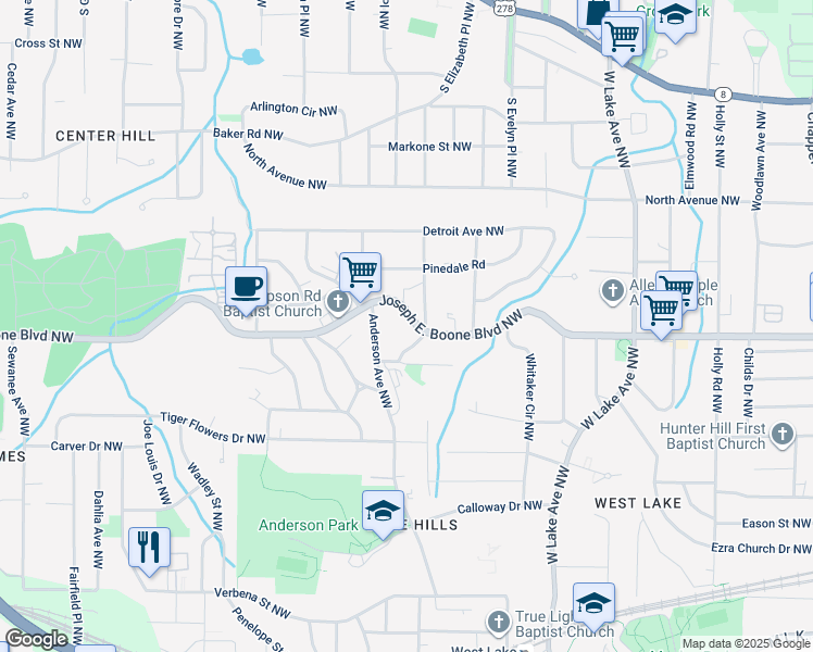 map of restaurants, bars, coffee shops, grocery stores, and more near 1916 Simpson Road Northwest in Atlanta