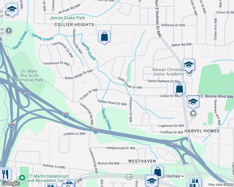 map of restaurants, bars, coffee shops, grocery stores, and more near 2770 Collier Drive Northwest in Atlanta