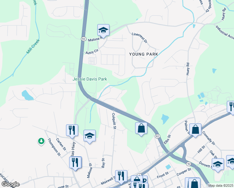 map of restaurants, bars, coffee shops, grocery stores, and more near 6549 Brown Street in Douglasville