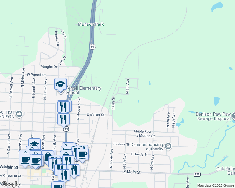 map of restaurants, bars, coffee shops, grocery stores, and more near 410 East Elm Street in Denison