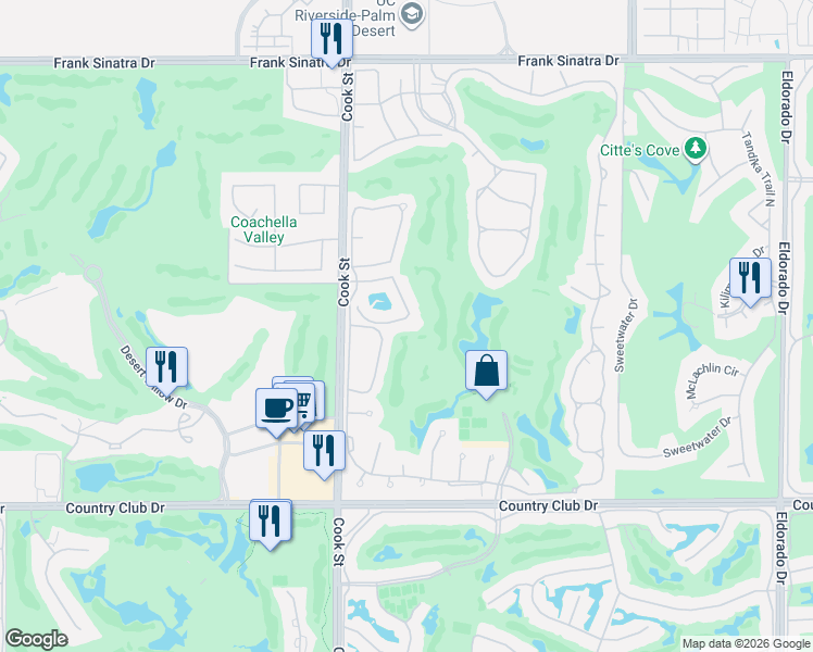 map of restaurants, bars, coffee shops, grocery stores, and more near 343 Crest Lake Drive in Palm Desert