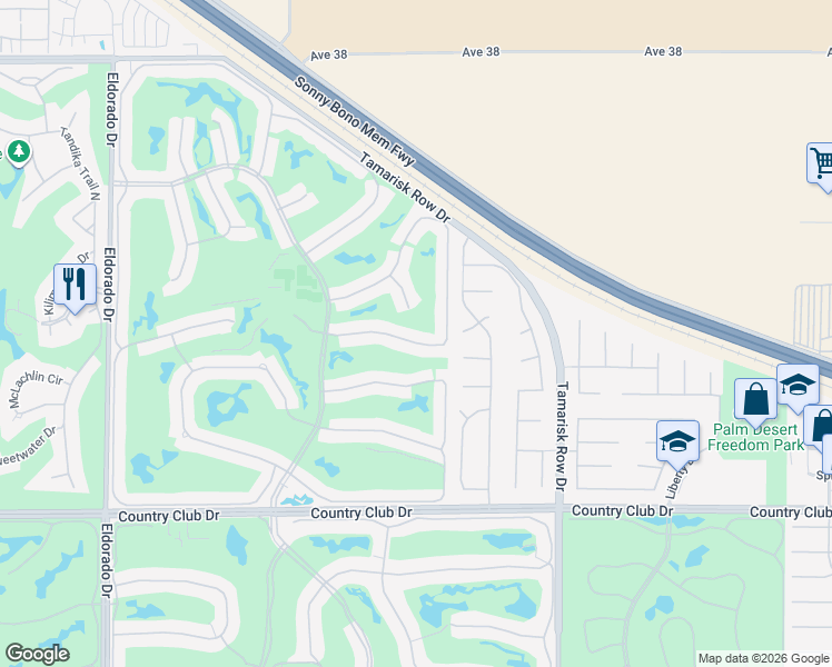 map of restaurants, bars, coffee shops, grocery stores, and more near 76648 Begonia Lane in Palm Desert