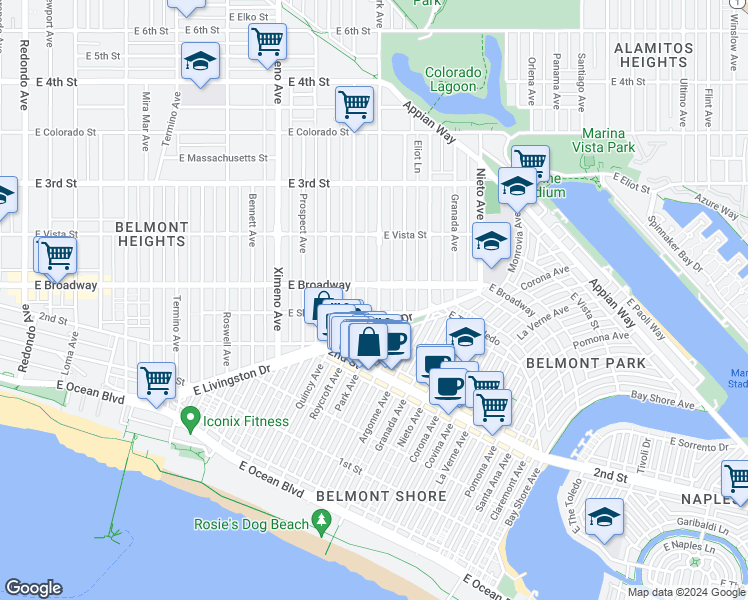 map of restaurants, bars, coffee shops, grocery stores, and more near 237 Park Avenue in Long Beach