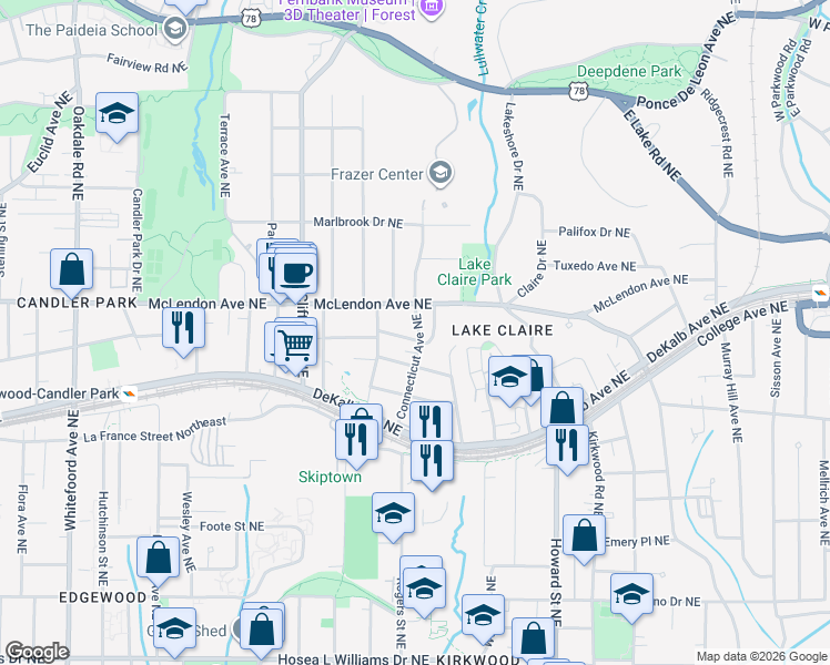 map of restaurants, bars, coffee shops, grocery stores, and more near 1800 Delaware Avenue Northeast in Atlanta