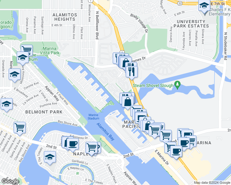 map of restaurants, bars, coffee shops, grocery stores, and more near 6225 Napoli Court in Long Beach