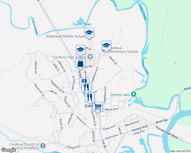 map of restaurants, bars, coffee shops, grocery stores, and more near 140 Highland Street East in Cordova